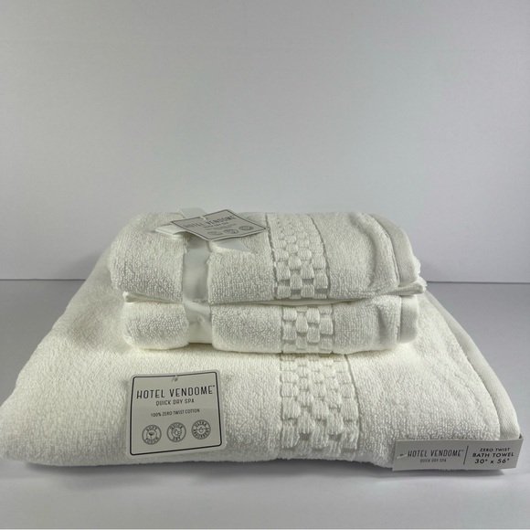 Hotel Vendome Bath Towel Set Luxury Cotton White 3 Pc Set Quick Dry Plush NEW - Picture 1 of 9